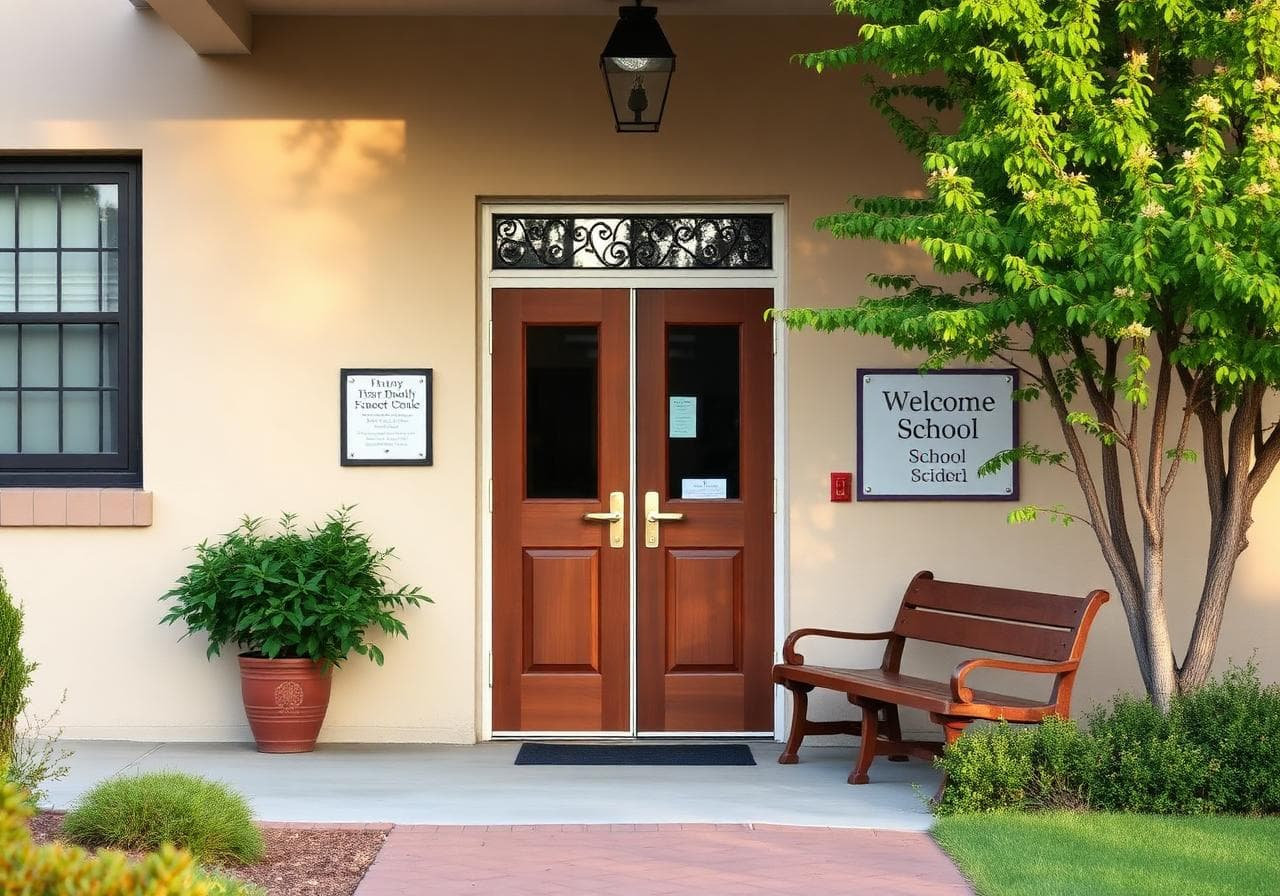 The welcoming front entrance of Bridgeway Academy with a wooden bench and soft greenery