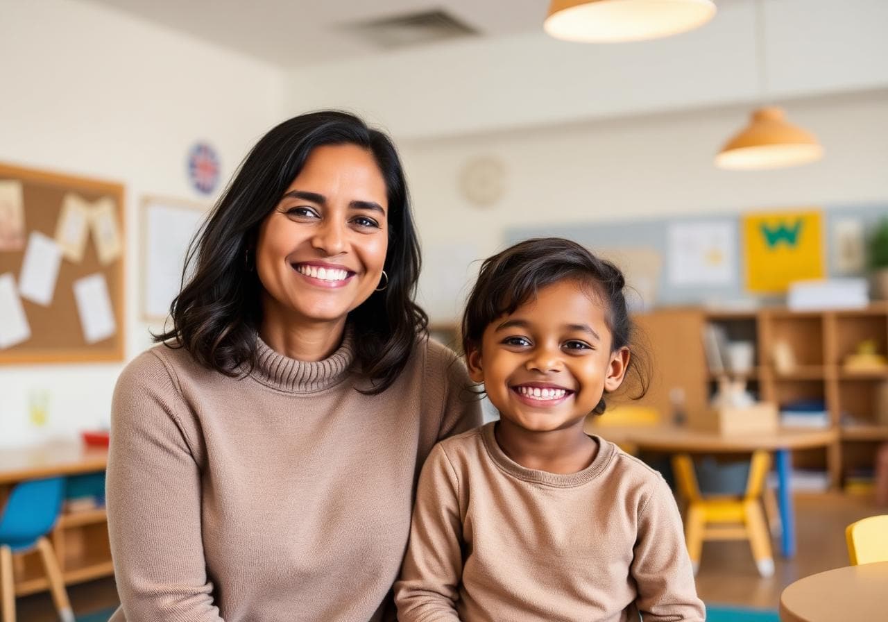 A parent and child smiling together inside a Bridgeway classroom