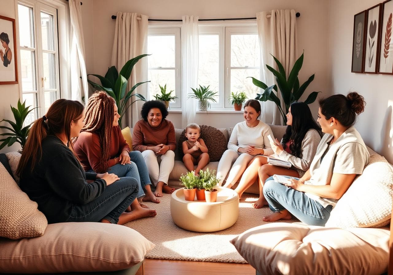 A small group of parents meeting in a sunlit support circle