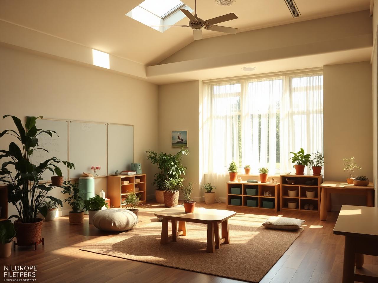 Sunlit classroom with plants, soft rugs, and natural wood furniture