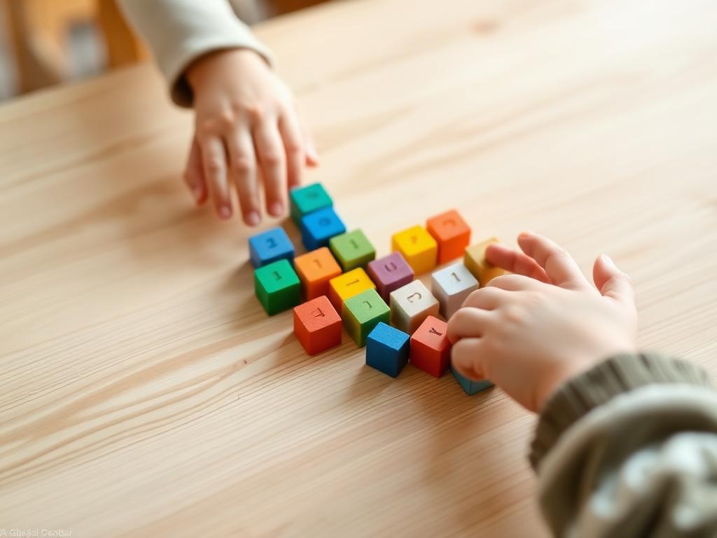 Children's hands sorting colorful wooden letter blocks on a light wood table