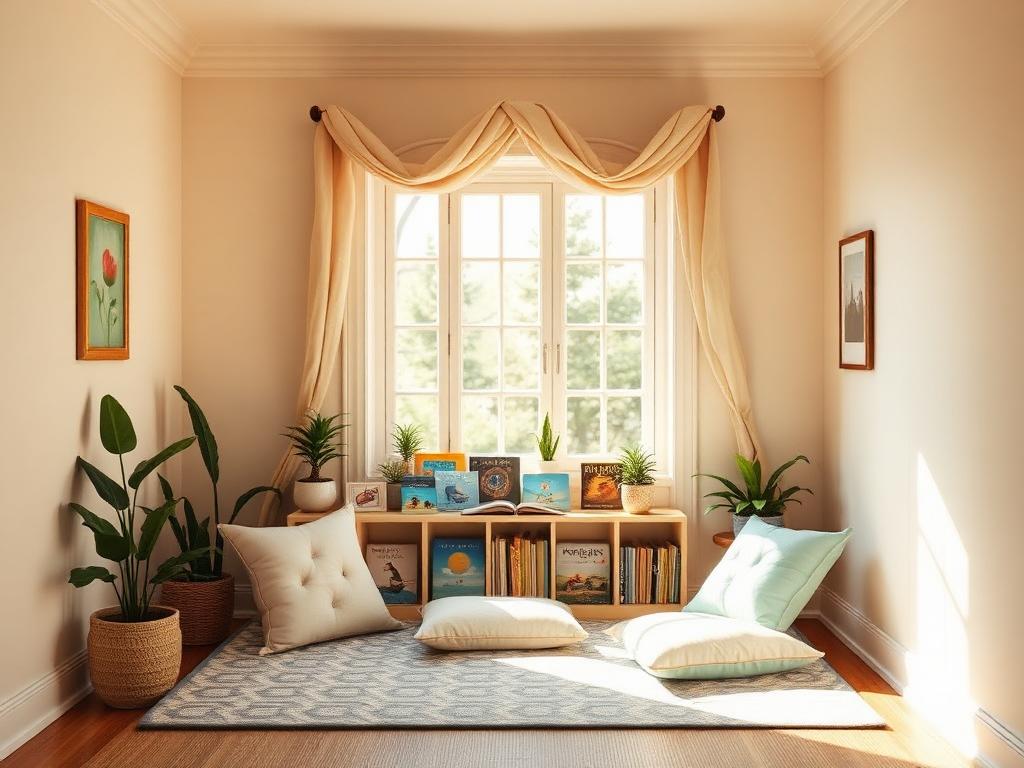 Bright reading nook with floor cushions, picture books, and a soft canopy by a window