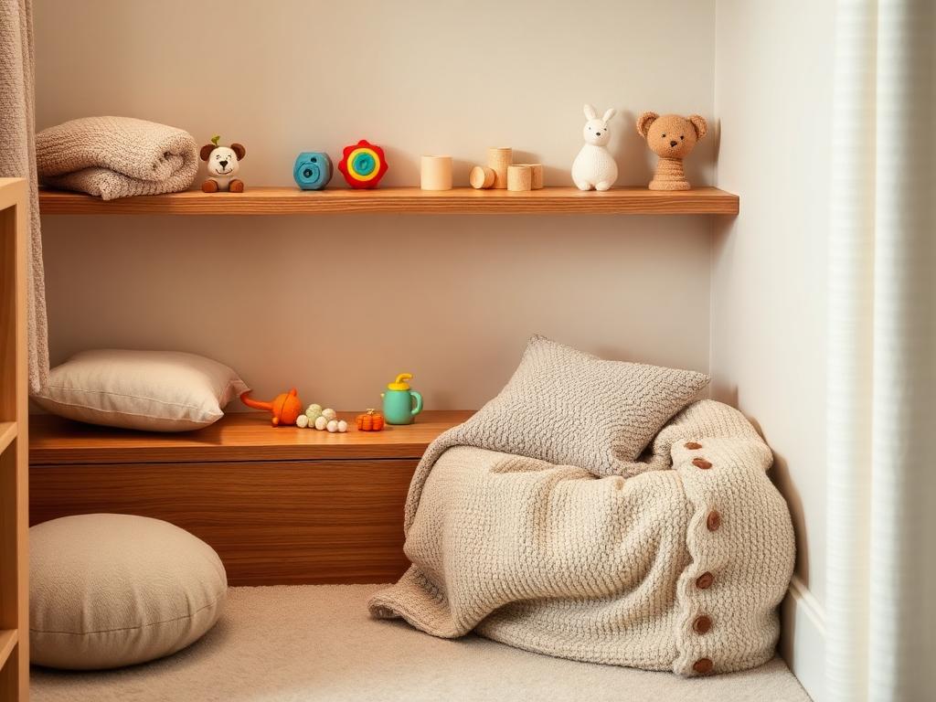 Cozy sensory corner with weighted blanket and fidget tools on a wooden shelf